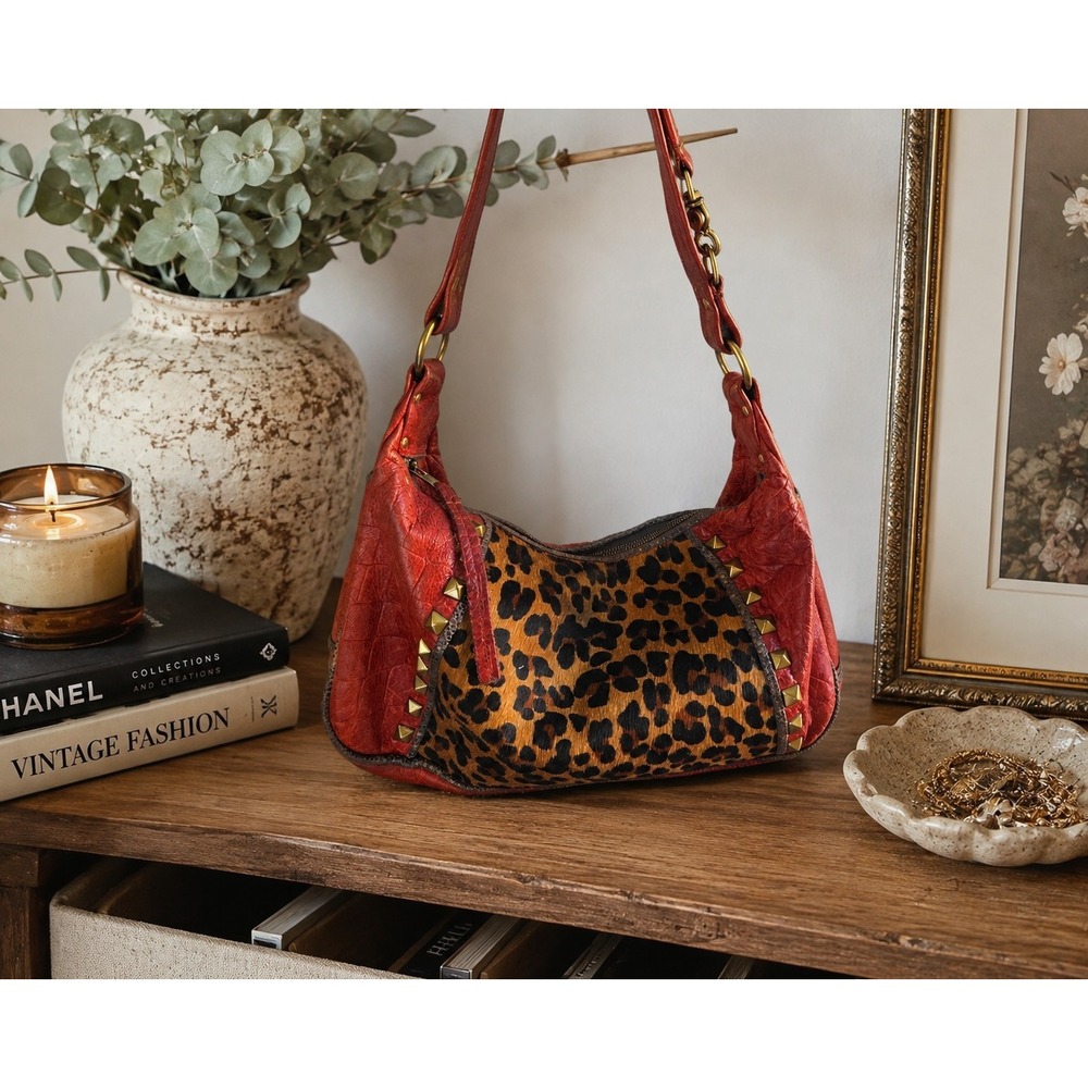 Maya Moon Y2K Leather Leopard Hair-On Hide Studded Hobo Shoulder Bag